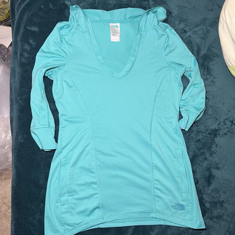 The‎ North Face Women's Size: Small Green Blue V Neck 3/4 Sleeve Hooded Pullover